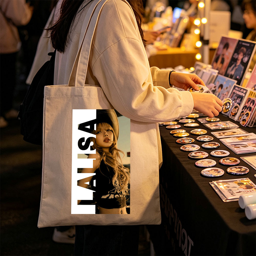 Lisa in a stylish hat and black outfit with bold text overlay - Canvas tote bags