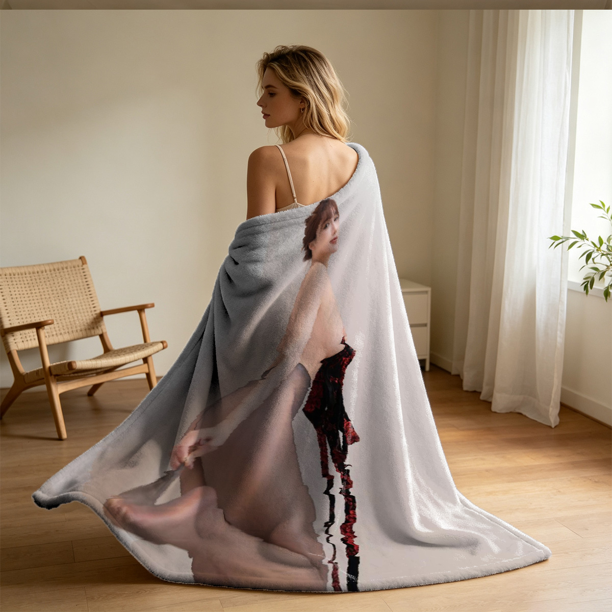Blonde model in black lingerie posing on transparent acrylic chair. - Blanket