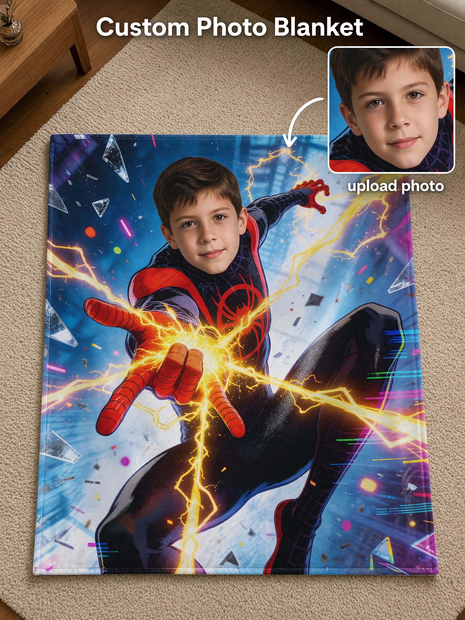Custom Superhero Face Blanket Soft Flannel Fleece Throw for Kids, Ideal Personalized Photo Gift for Sofa and Bedroom