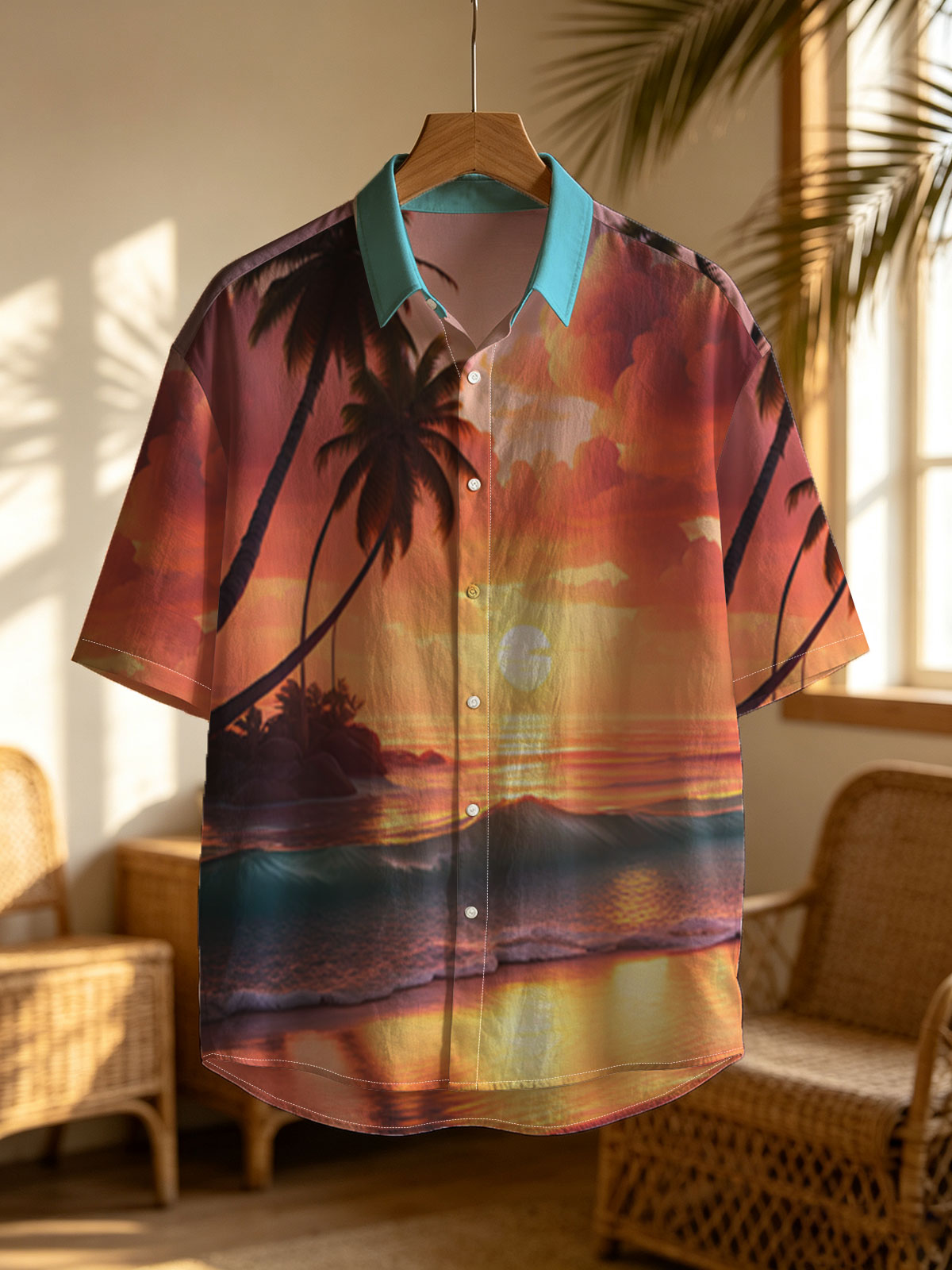 Tropical Sunset Beach with Palm Trees and Golden Waves -  Shirt