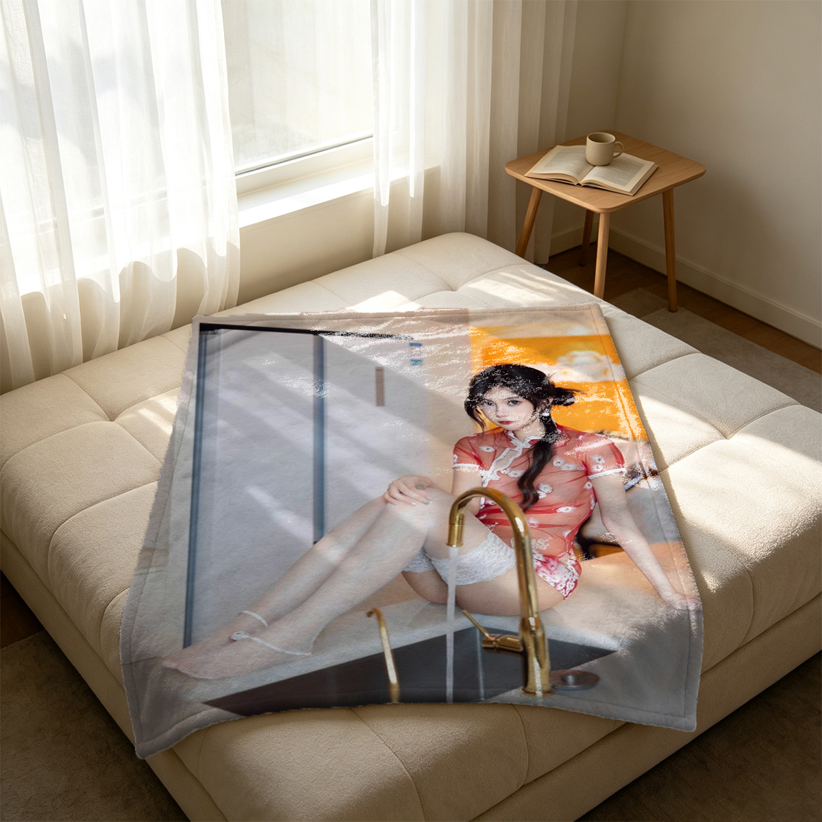 A young Asian woman in a black off-shoulder mini dress and white thigh garter, kneeling on a pillow by a large window. - Blanket