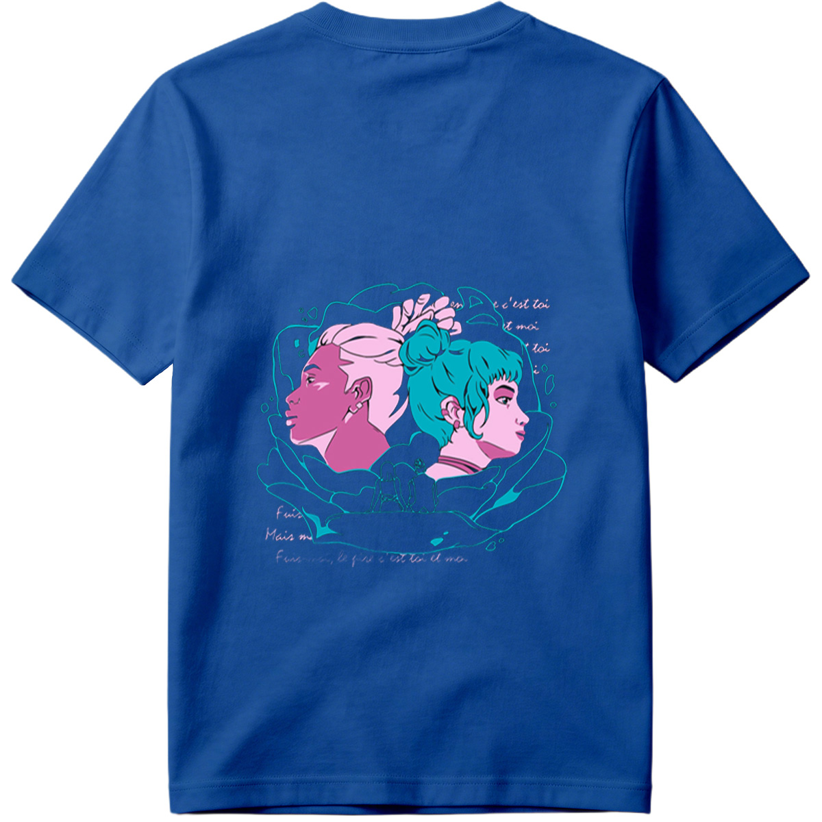 Two Women in Profile: A Stylized Artwork Featuring Pink and Teal Hair with French Text - Tee