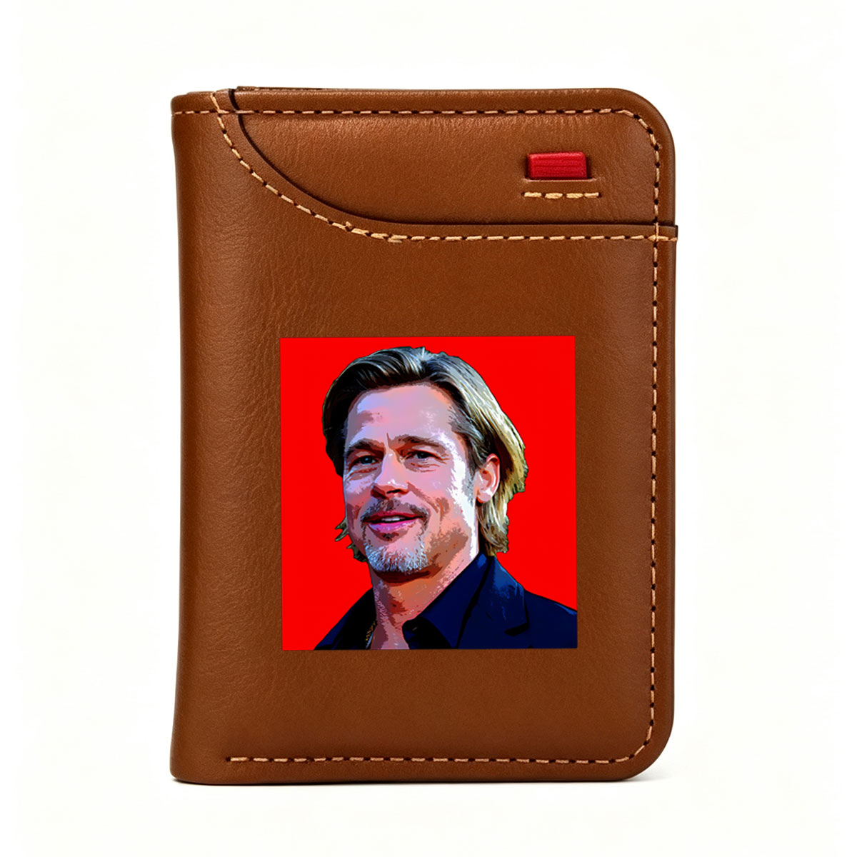 Brad Pitt in a stylized portrait with vibrant red background - Vertical Style Wallet
