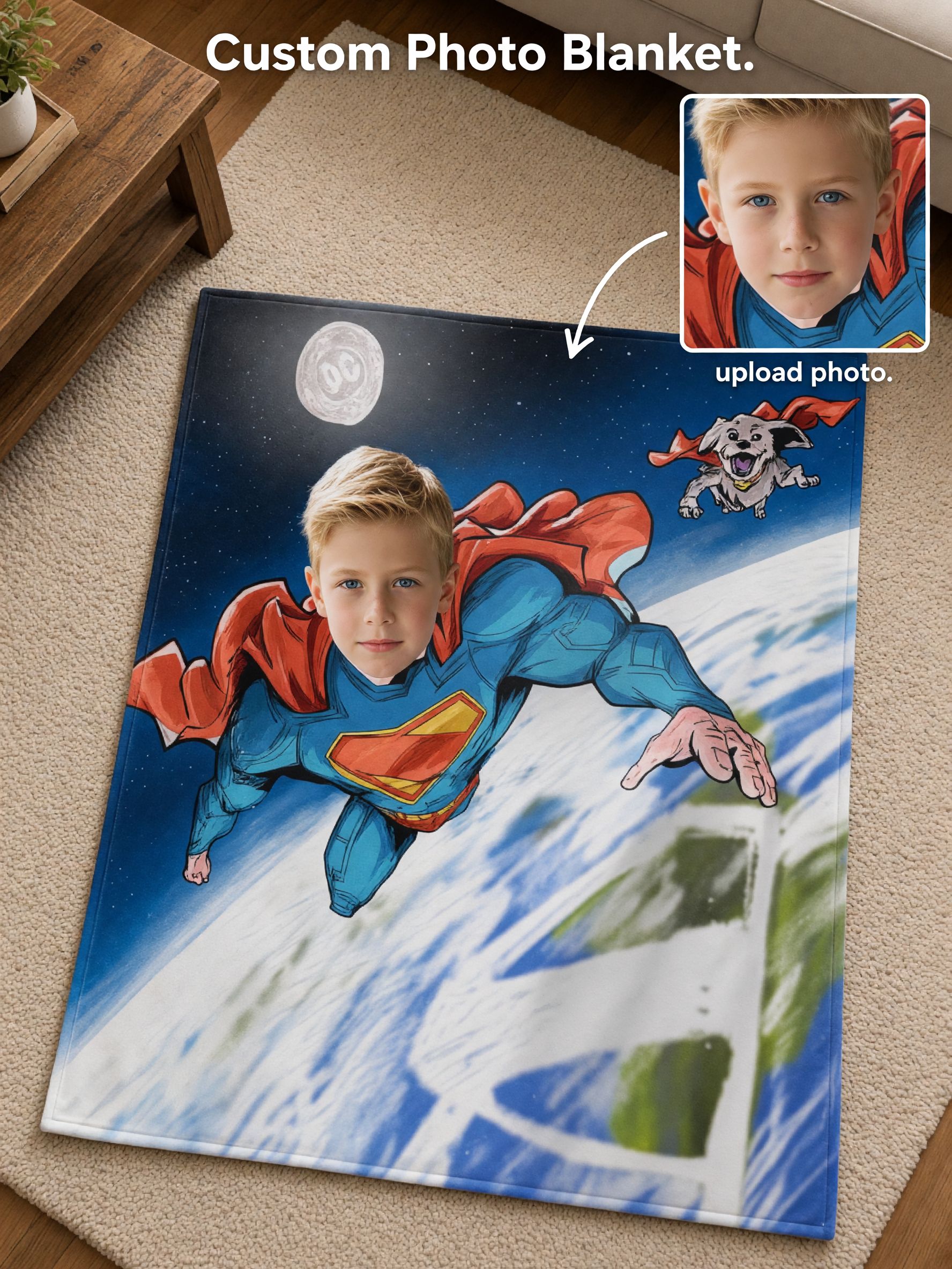 Custom Photo Superhero Flannel Fleece Throw Blanket Personalized Face Portrait Flying Hero Graphic Print Soft