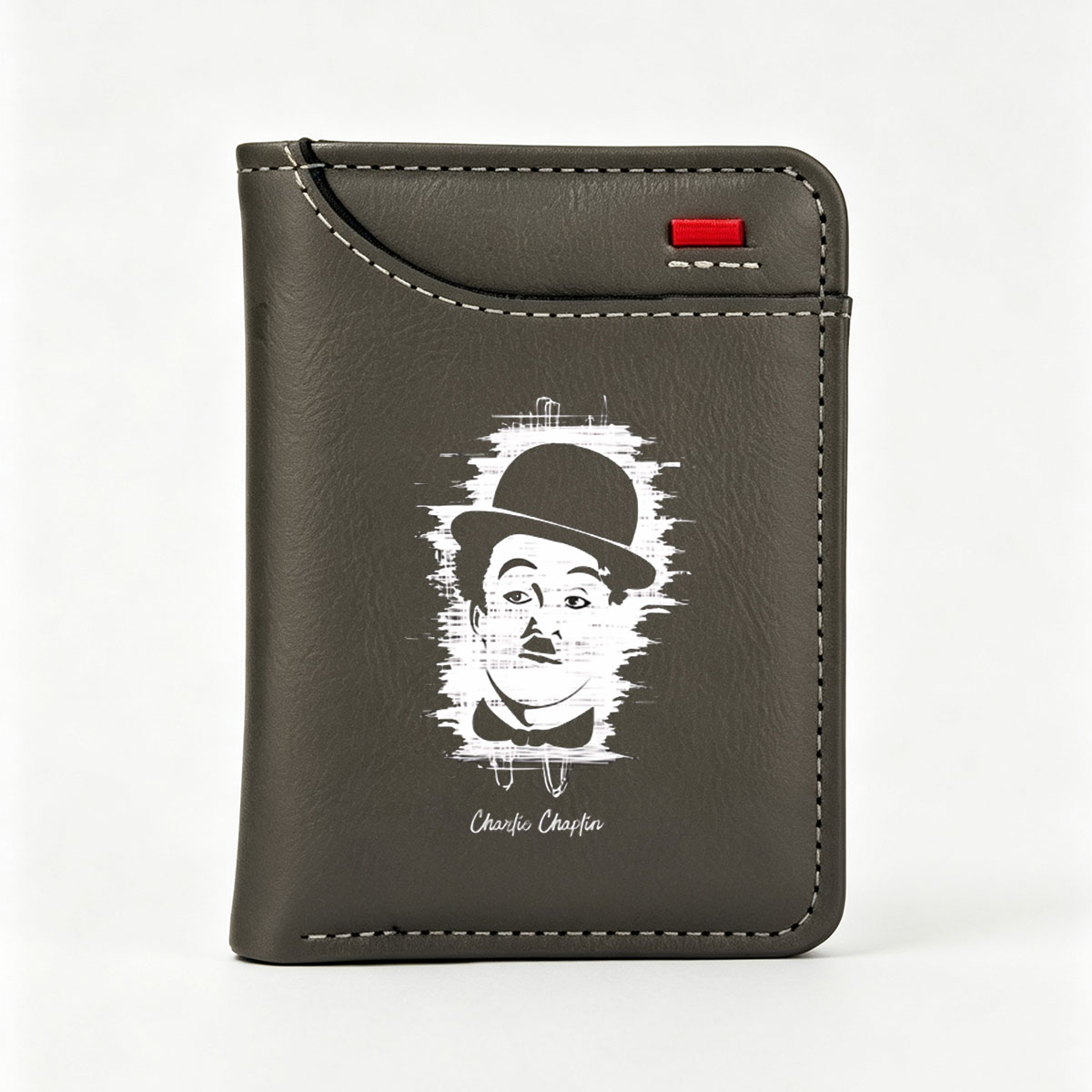 Charlie Chaplin in Classic Bowler Hat and Mustache Portrait - Vertical Style Wallet