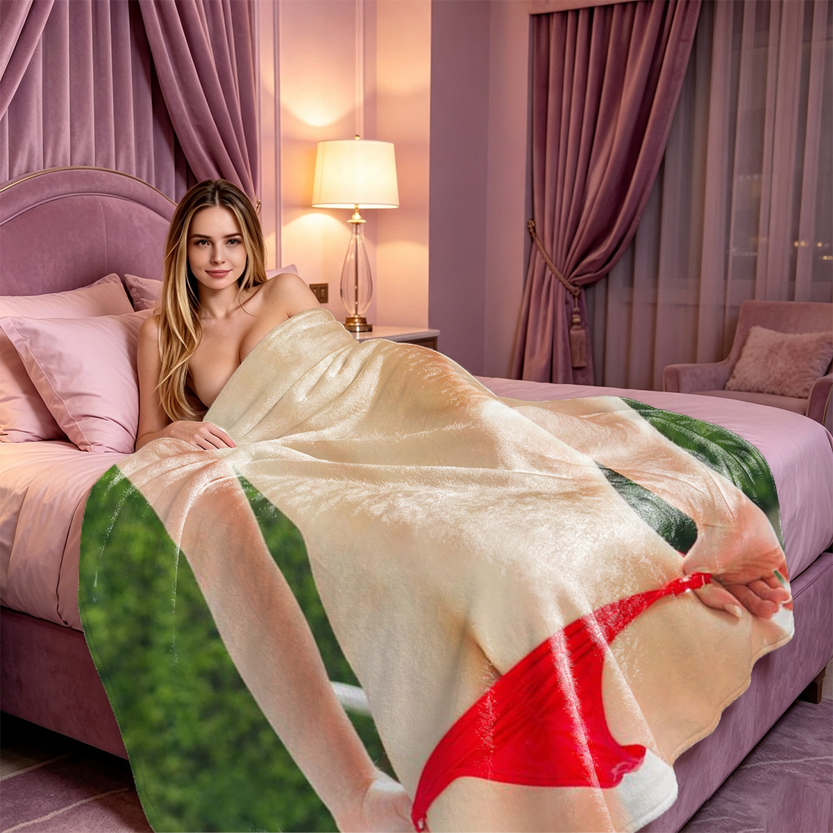 A woman in heart-patterned lingerie pulling down her panties in a living room. - Blanket