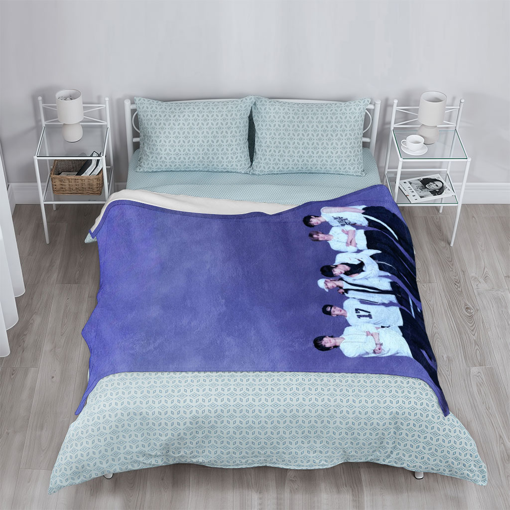 ENHYPEN Group Photo in Stylish White and Black Outfits Against a Purple Gradient Background - Blankets