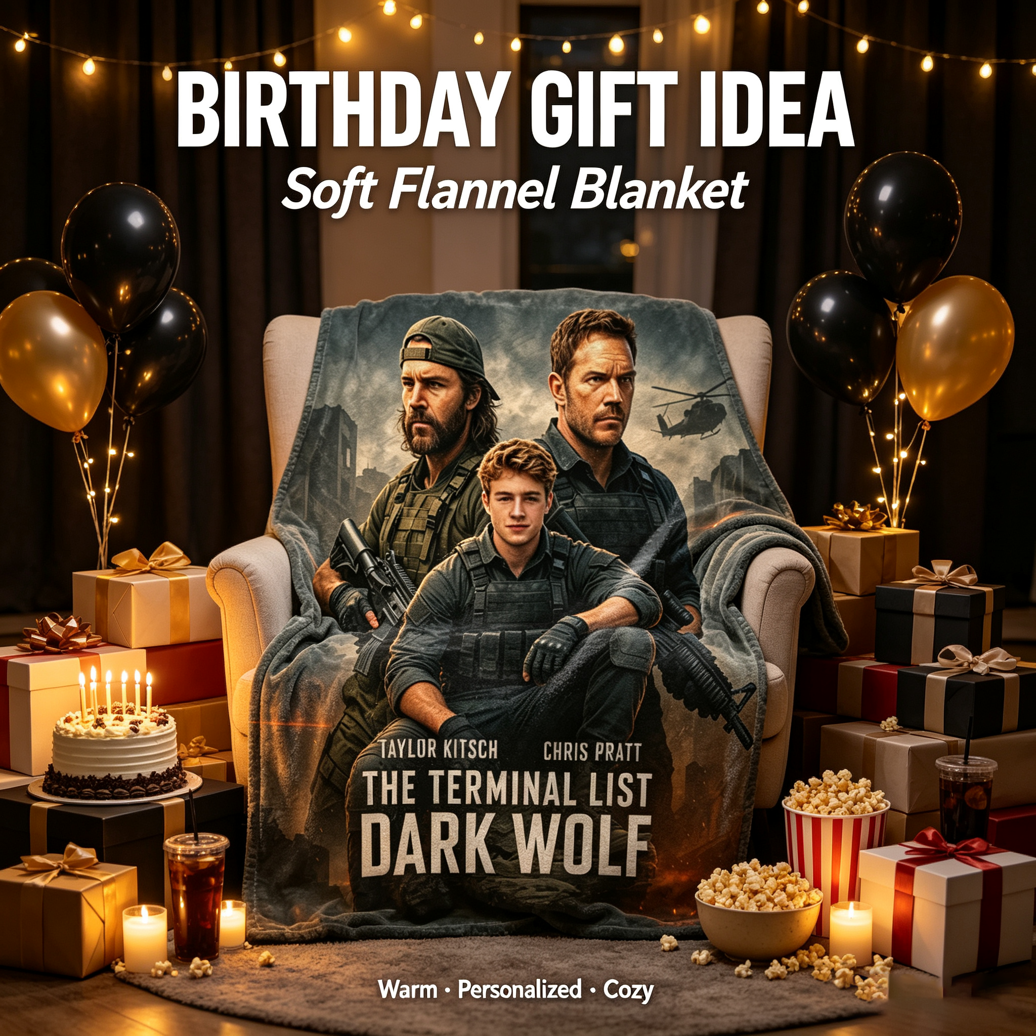 Custom Face Blanket The Terminal List Dark Wolf Flannel Blanket Military Action Movie Theme Cozy Bedding Gift for Fans of Taylor Kitsch Chris Pratt and War Thrillers