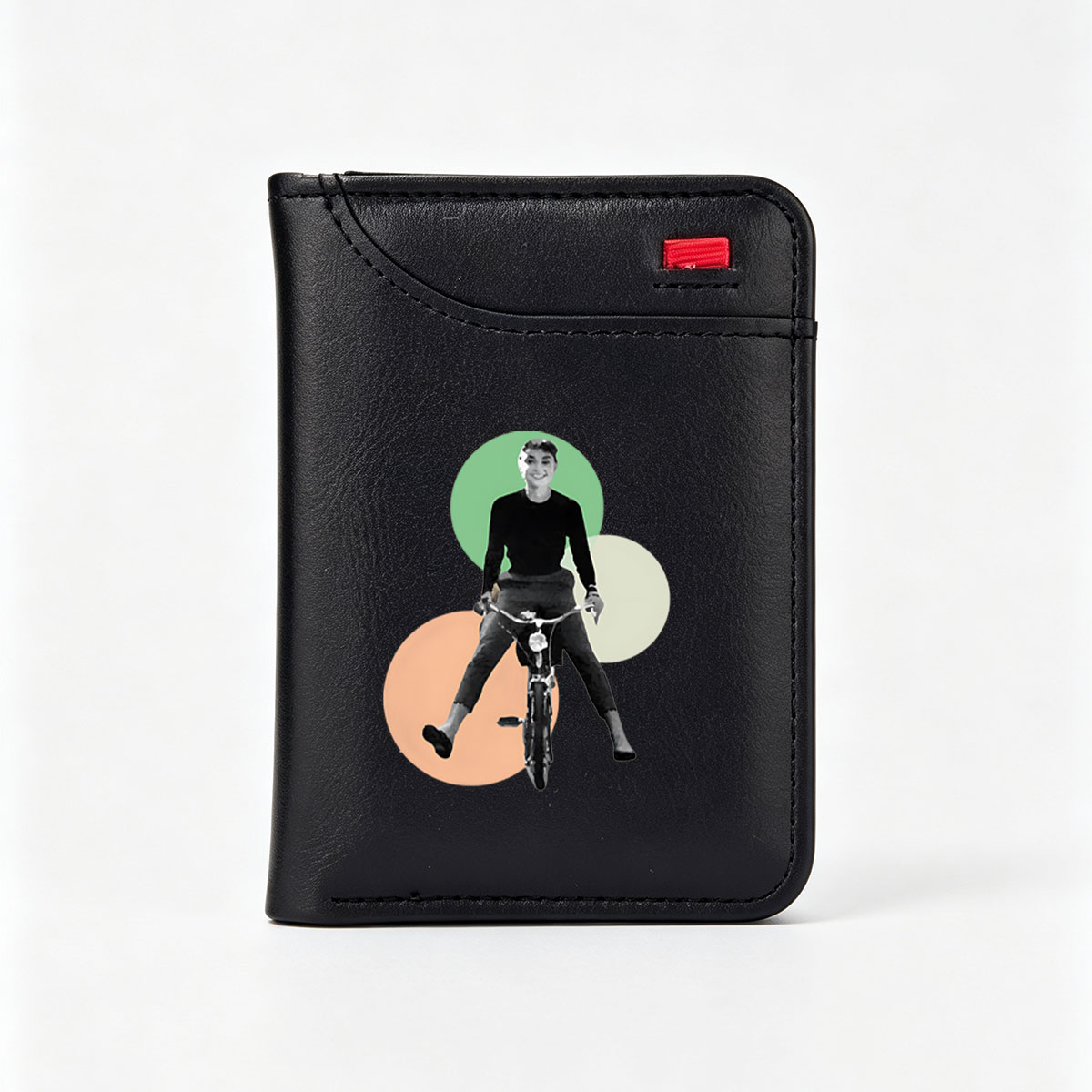 Woman Riding Bicycle with Colorful Circles Background - Vertical Style Wallet