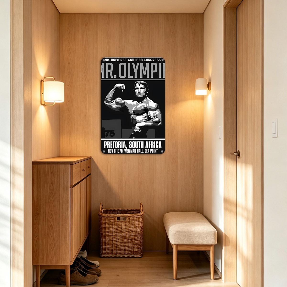 Mr. Olympia 1975: Arnold Schwarzenegger at Weizman Hall, Pretoria, South Africa - painting