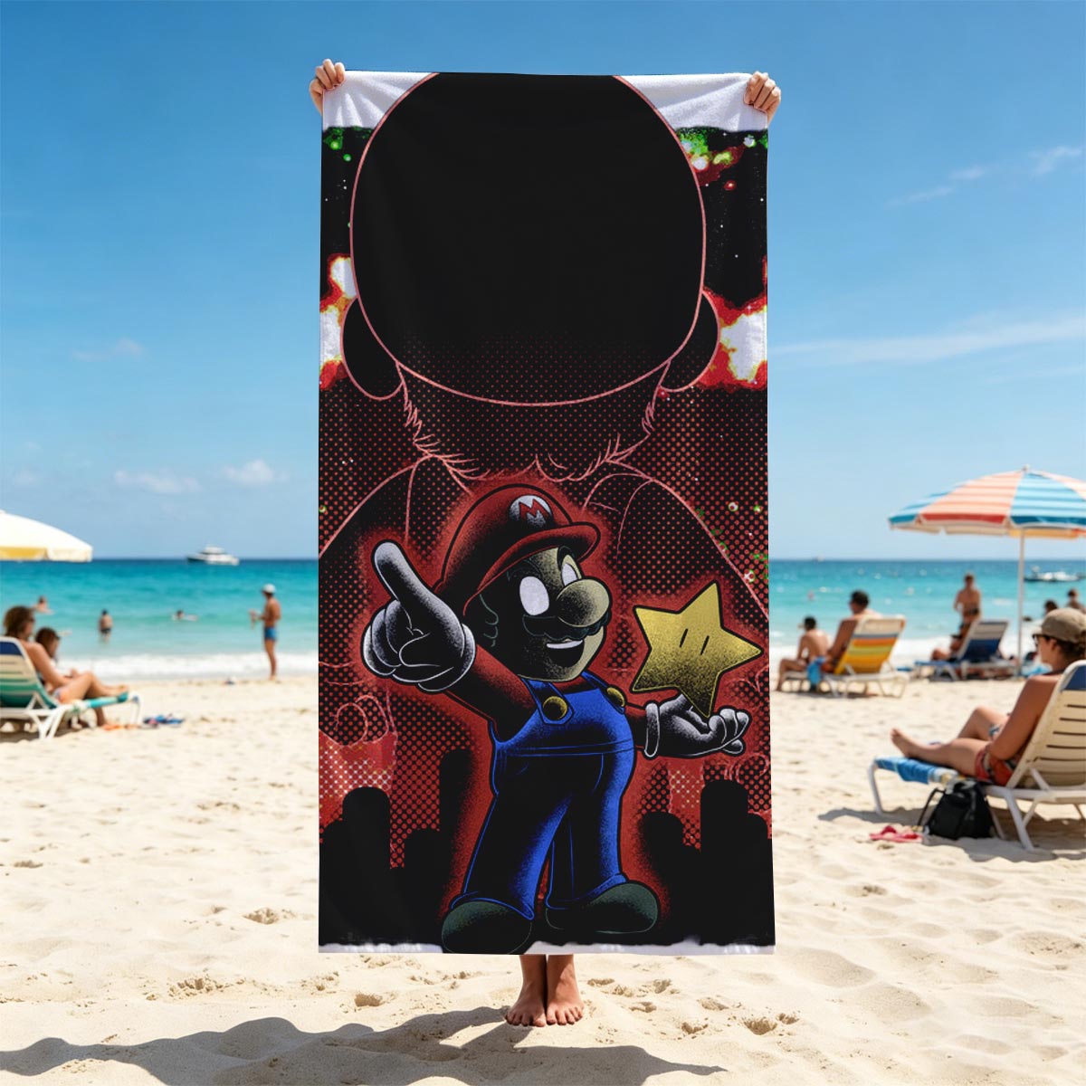 Mario Holds Star Against Shadowy Figure in Fiery Sky - Beach towels