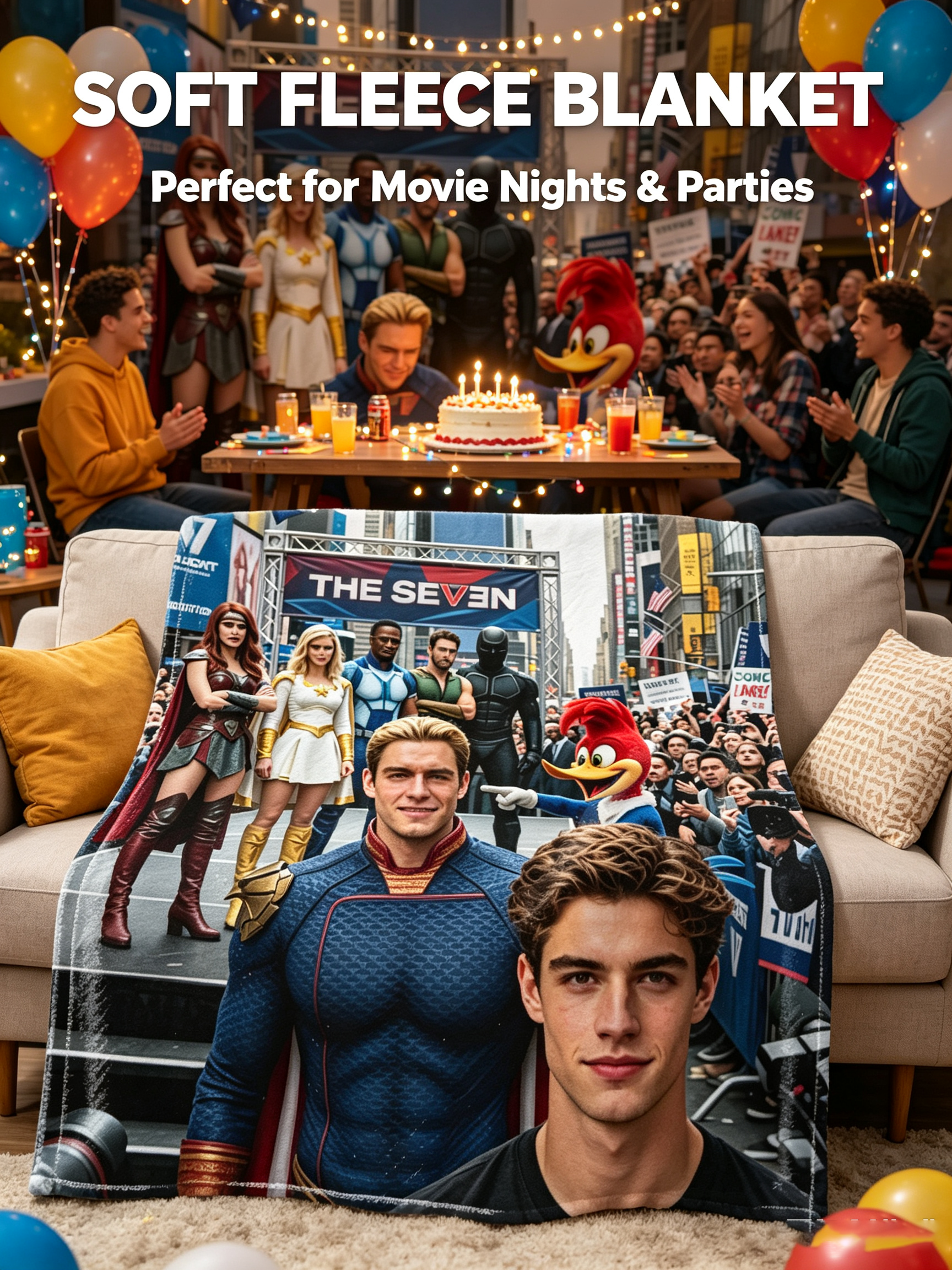 Custom Face Blanket The Boys The Seven Superhero Team Flannel Blanket Perfect for Fans of Vought and Homelander Cozy Gift for Birthday or Holiday Giveaway