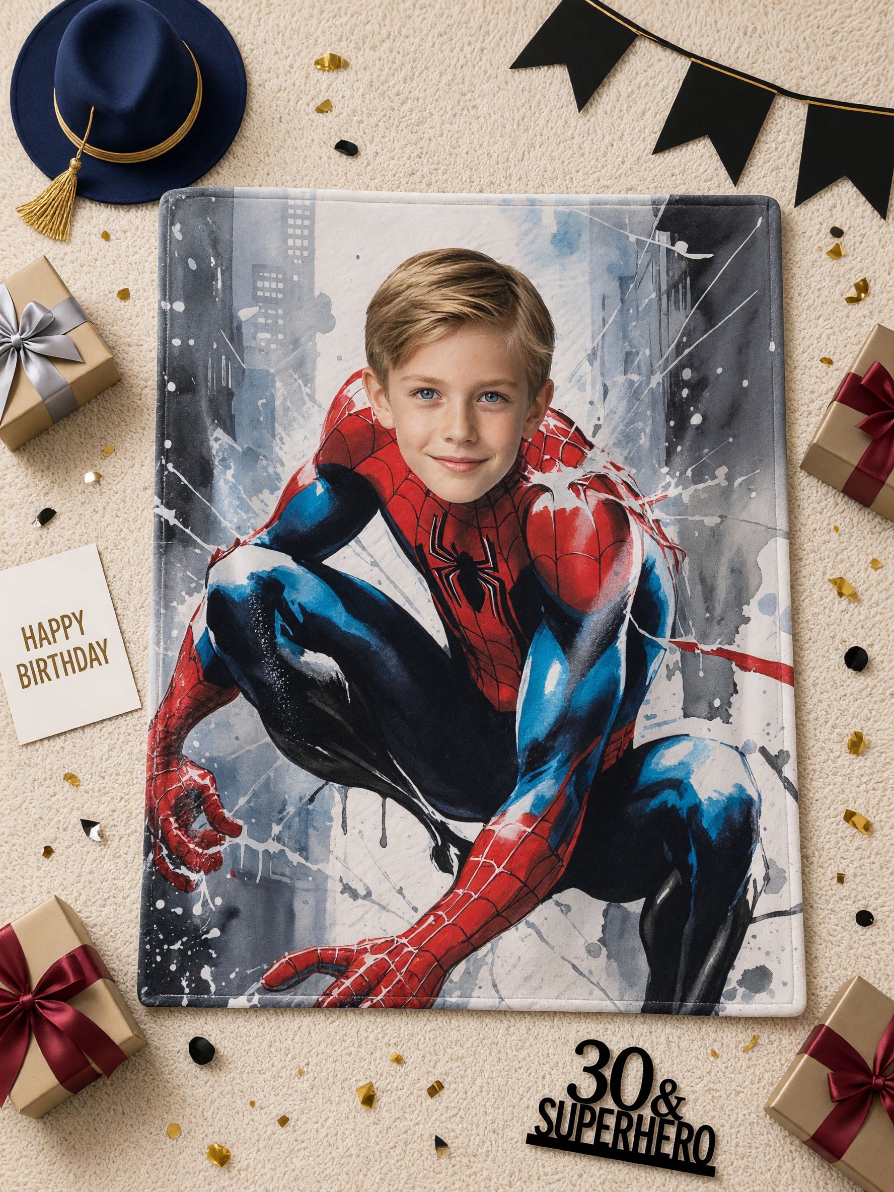 Custom Face Superhero Flannel Throw Blanket Ultra Soft Personalized Photo Fleece Blanket for Kids Birthday Gift
