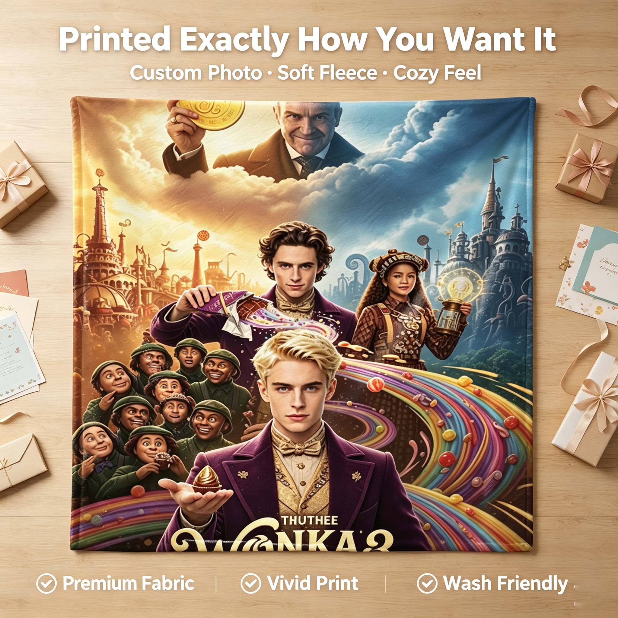 Custom Face Blanket Wonka 2 The Chocolate Empire Flannel Blanket Movie Themed Gift for Fans and Collectors