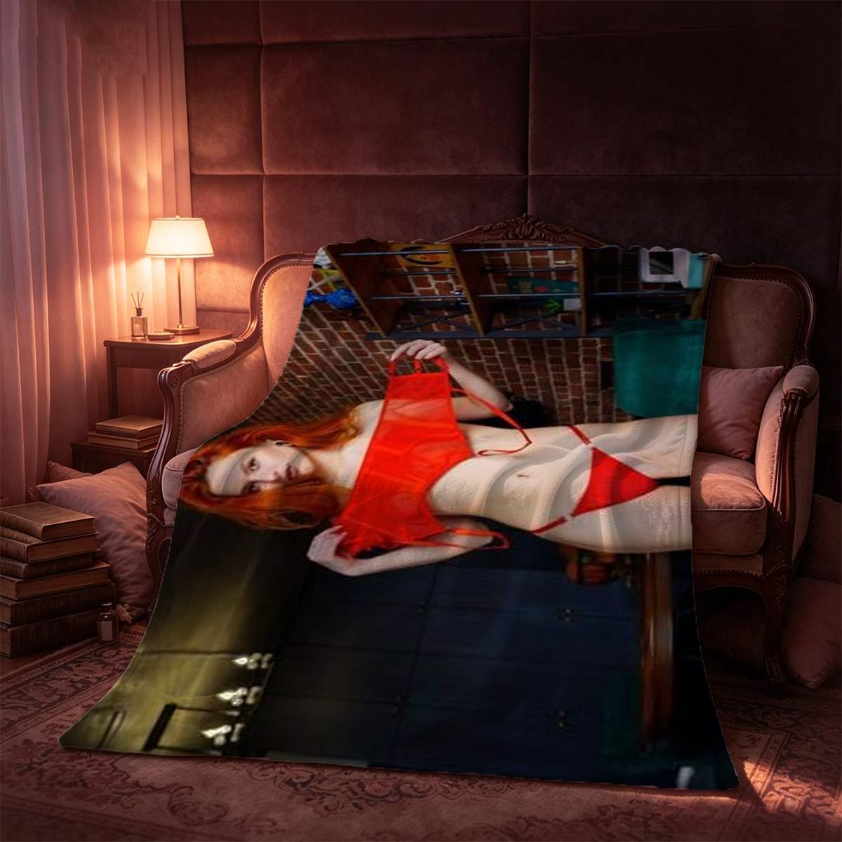 Nude woman lying on wooden table in spa interior. - Blanket