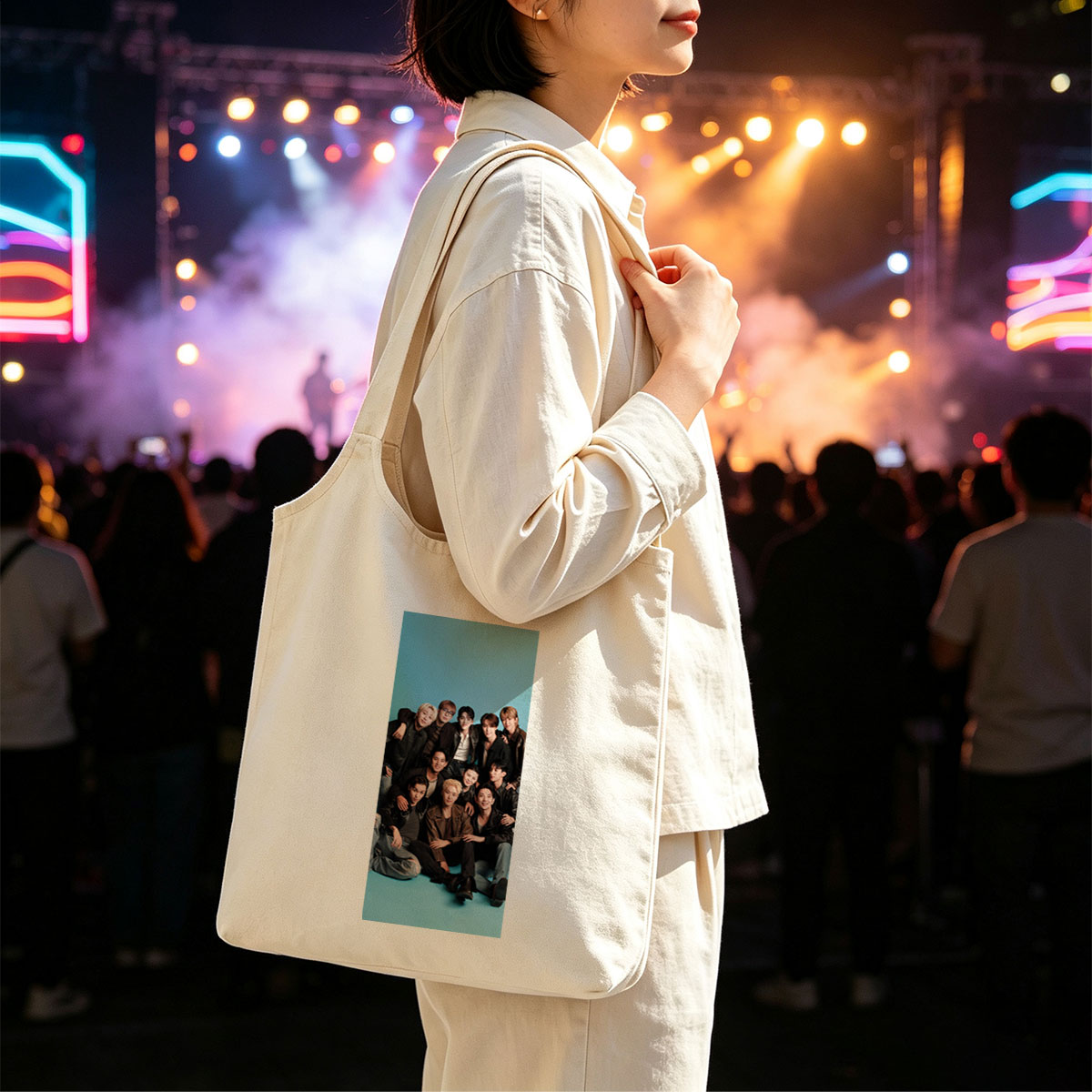 SEVENTEEN Group Photo on Blue Background with Members in Leather Jackets and Casual Outfits - Canvas shoulder bags/