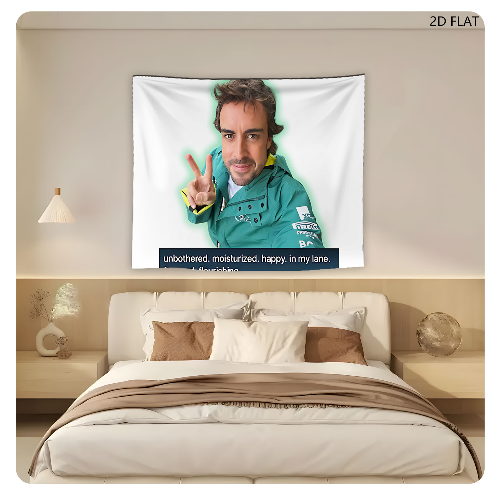 Fernando Alonso in Green Jacket Making Peace Sign with Text Overlay - Tapestry