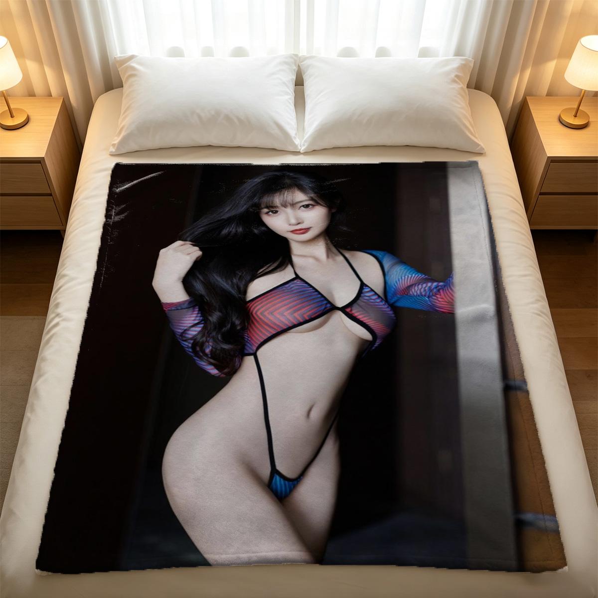 Nude Asian beauty in bed with pearl necklace. - Blanket