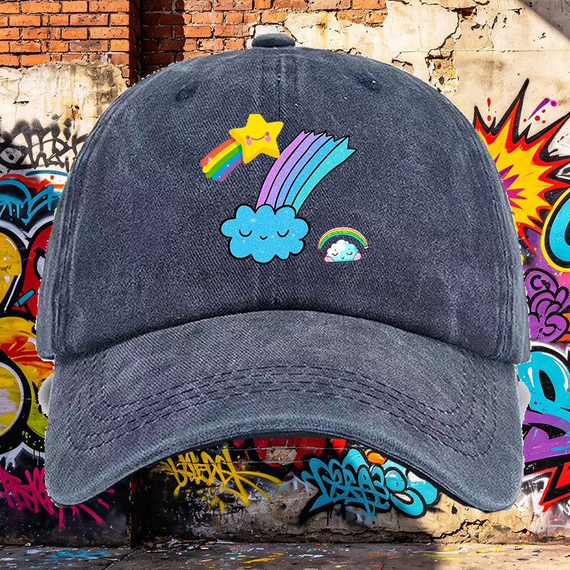 Men's Printed Washed Cap with Rainbow Star Cloud Design Casual Round Brim Lightweight Summer Hat for Outdoor Activities and Daily Wear, Perfect for Young Adults and Trendy Urban Style Lovers