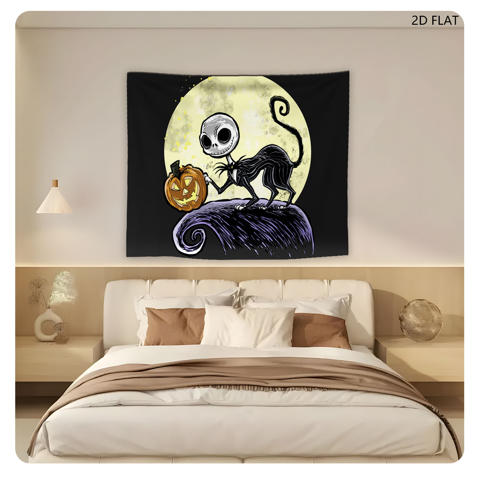 Jack Skellington from The Nightmare Before Christmas holding a pumpkin against a full moon - Tapestry