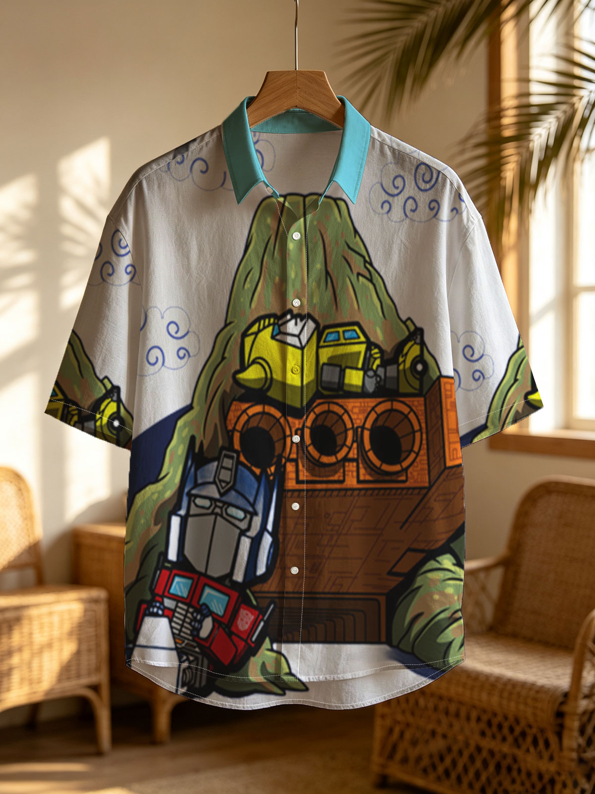 Optimus Prime and Bumblebee atop a mountain with a spaceship, cartoon style -  Shirt