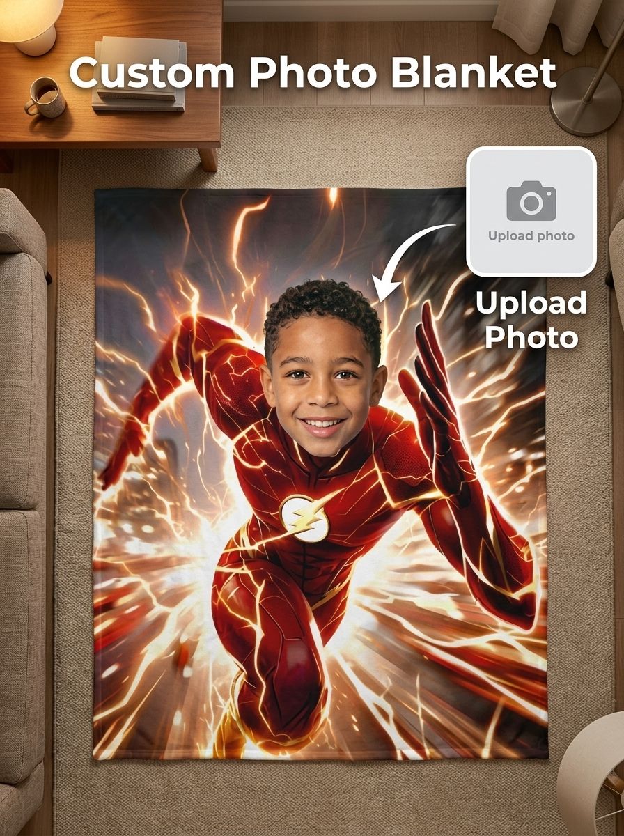Personalized Photo Superhero Blanket Custom Face Soft Flannel Throw Lightweight Cozy Bedding for Kids and Adults