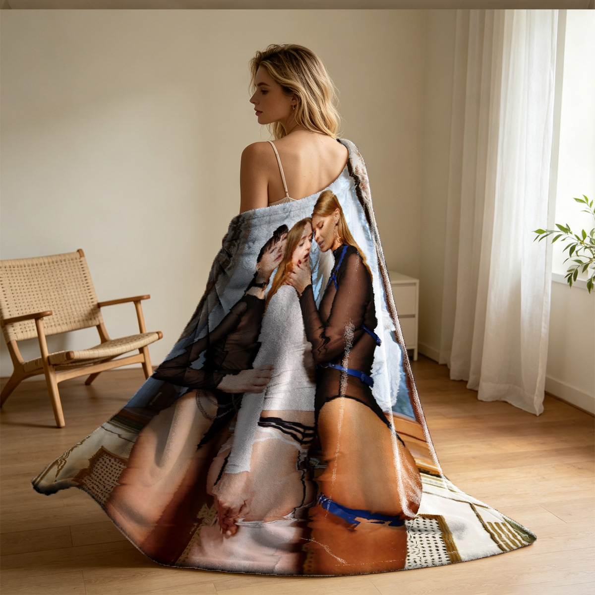 Two Women in Lingerie Embracing on Glass Table - Blanket