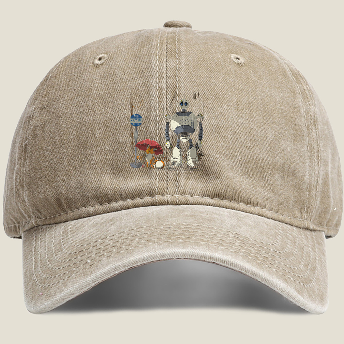 Fox and Robot Wait in the Rain - Washed Denim - Baseball Cap