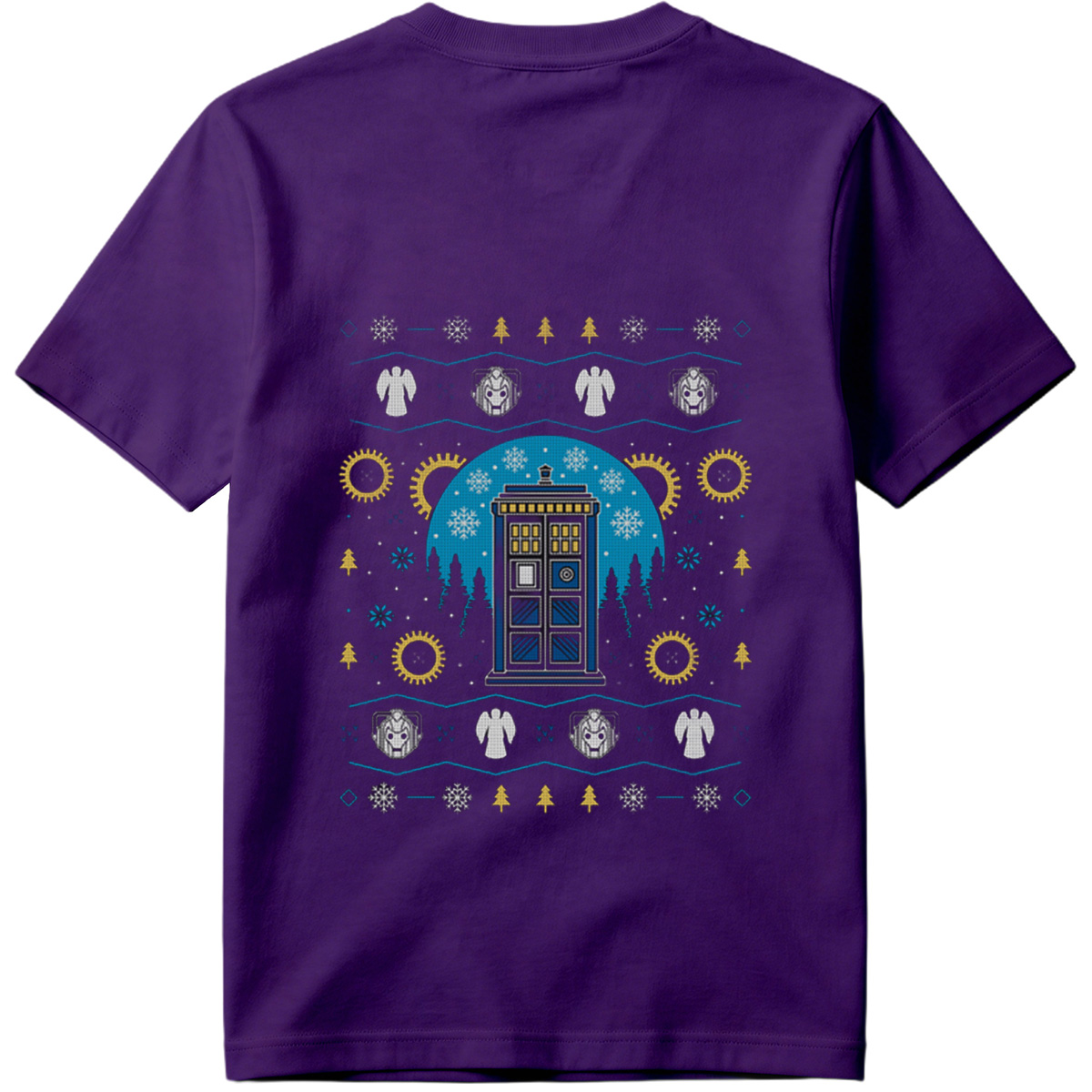 Doctor Who Christmas Sweater Design Featuring TARDIS, Weeping Angels, and Cybermen - Tee