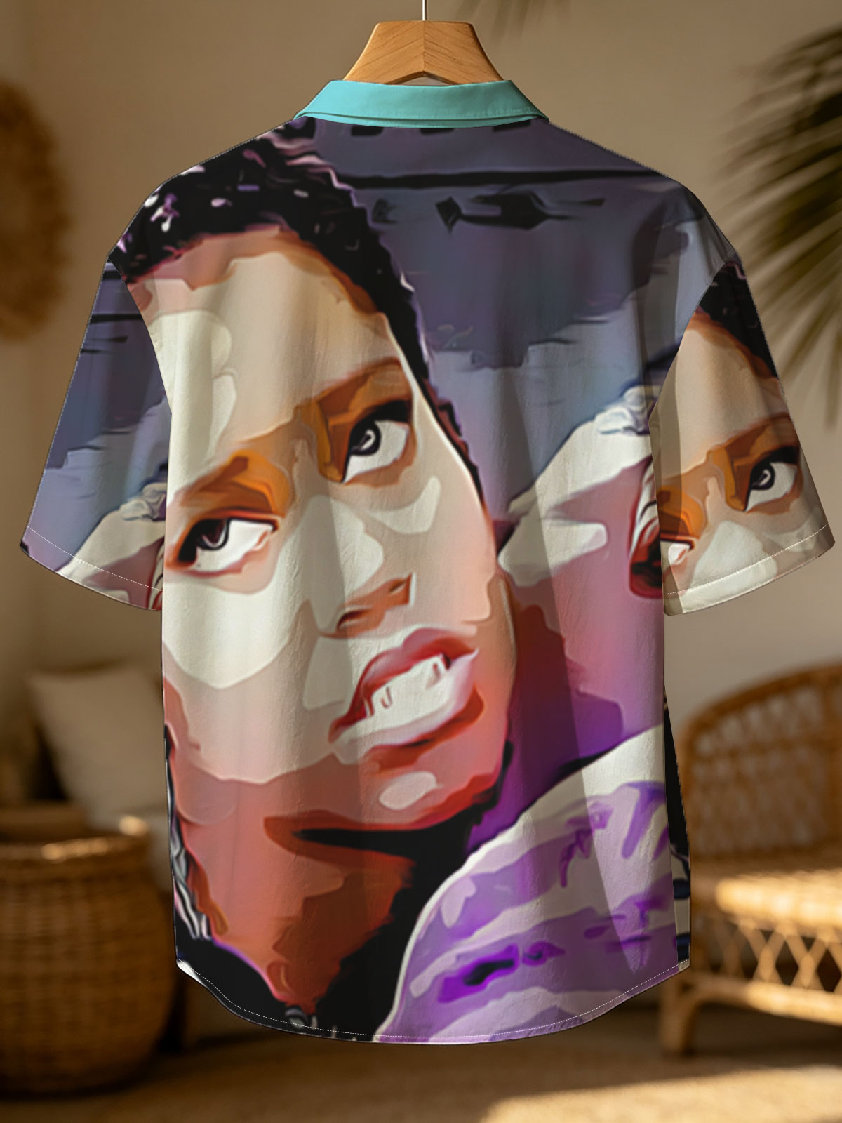 Woman with Braids and Hoop Earrings in Striped Shirt, Man in Purple Shirt with Tattooed Back -  Shirt