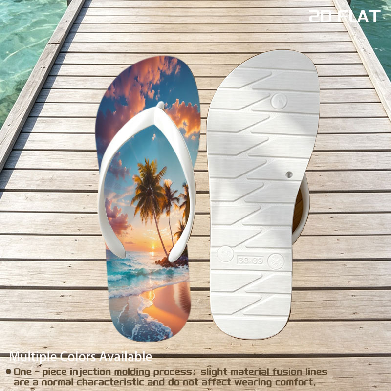 Tropical sunset with palm trees and waves on a sandy beach -  flip-flops