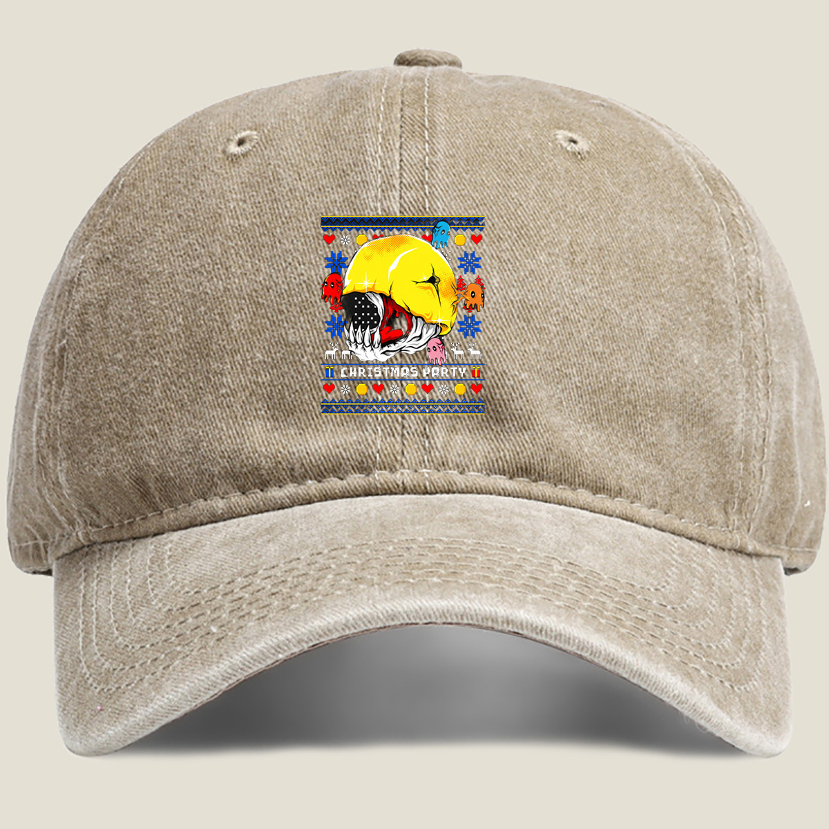 Pac-Man Christmas Party with Ghosts - Washed Denim - Baseball Cap