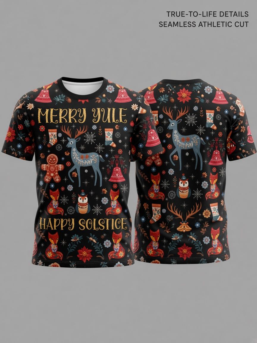 Merry Yule Happy Solstice 3D Optical Illusion Graphic Tee Breathable Athletic Mesh T-Shirt Casual Sports Wear