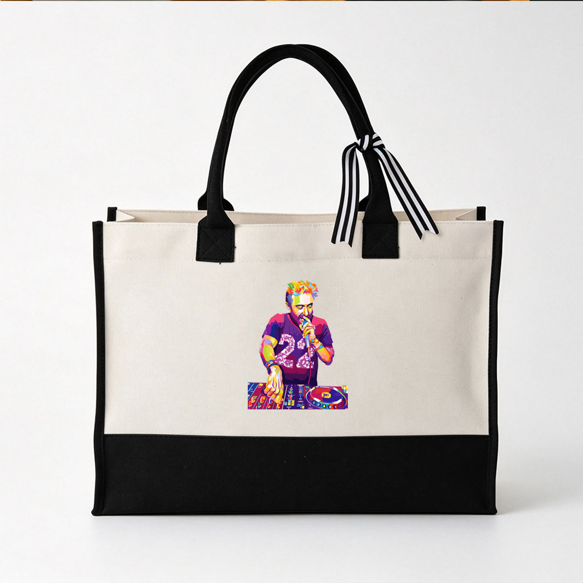 DJ with Microphone and Turntable, Colorful Art Style - Canvas patchwork gift tote bag