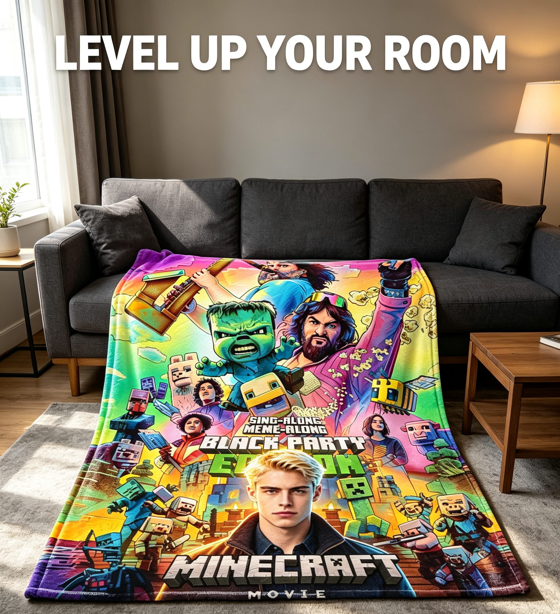 Custom Face Blanket Minecraft Movie Character Flannel Blanket Perfect for Kids and Fans Cozy Bedding Gift or Giveaway