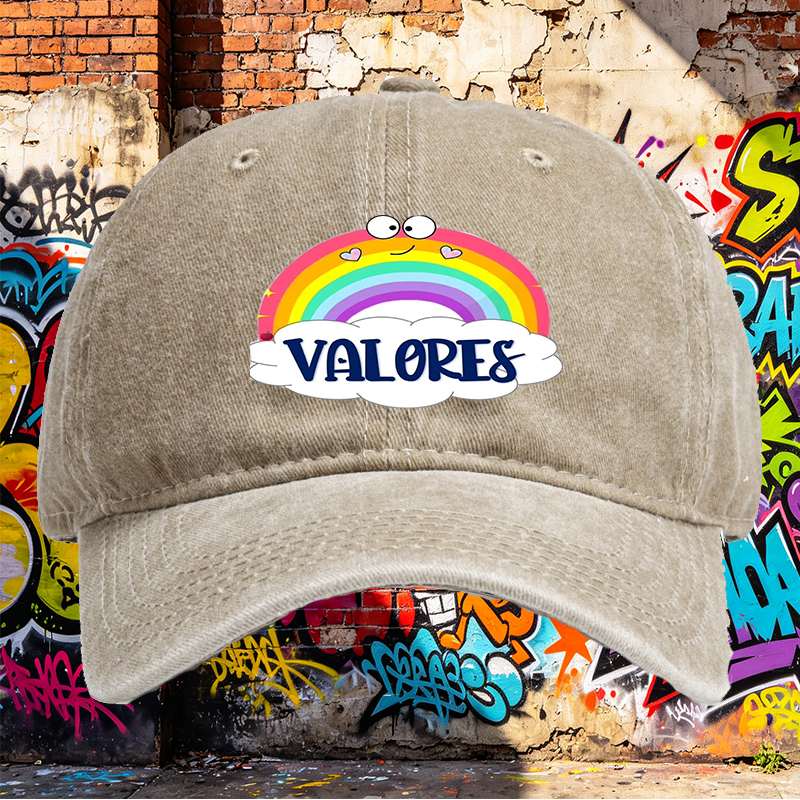 Unisex Classic Washed Cap with Rainbow and Valores Print - Casual Streetwear Hat for Outdoor Activities, Perfect for Youth and Adults Seeking Fun, Colorful Style
