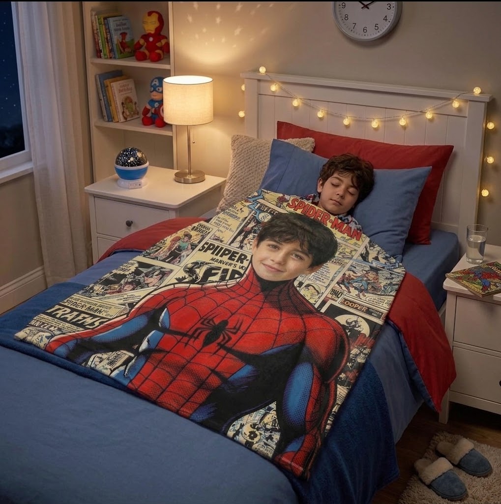 Personalized Upload Photo Blanket, Custom Spider‑Man Superhero Portrait Throw Blanket, 280GSM Soft Flannel Blanket, Unique Birthday Holiday Gift for Boys, for Bedroom Couch Camping Travel