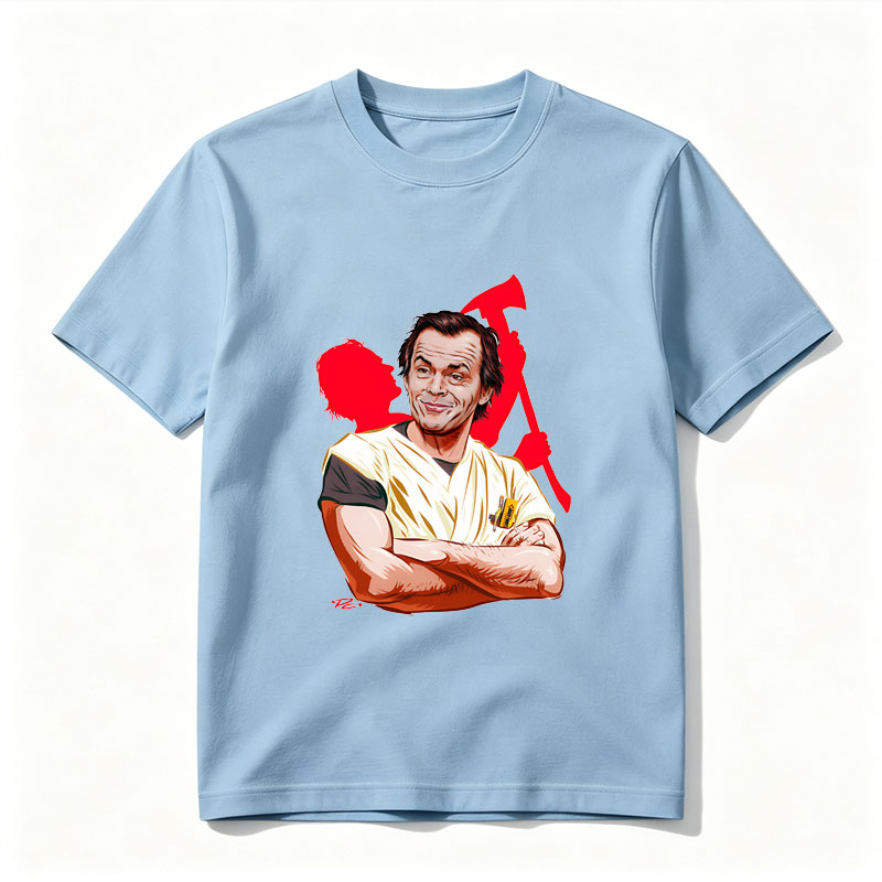 Jack Nicholson as the Joker, iconic villain from Batman, depicted in a stylized caricature with a menacing grin and chaotic red background. - Tee