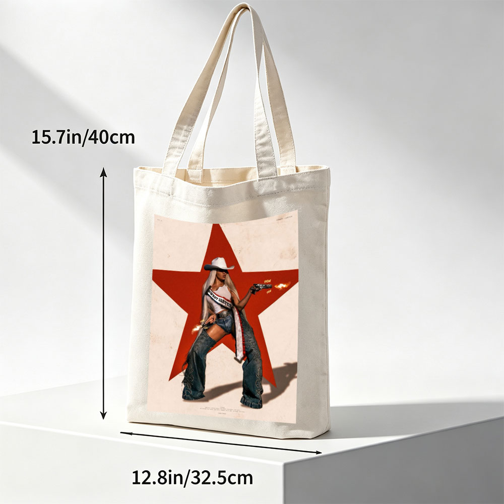 Cardi B in Cowboy Outfit Holding Guns Against Red Star Background - Canvas tote bags