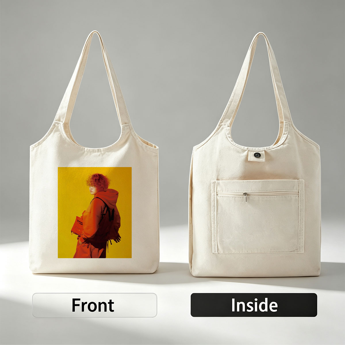 Yuta from Exile Tribe in a Bold Orange Outfit with a Backpack Against a Vibrant Yellow Background - Canvas shoulder bags/