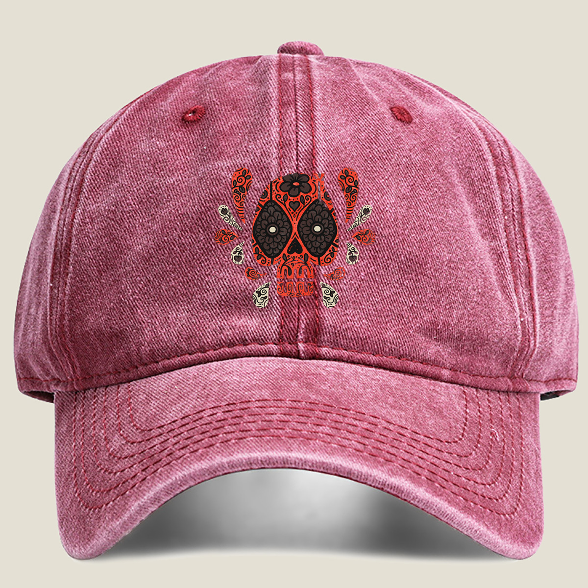 Day of the Dead Sugar Skull Design - Washed Denim - Baseball Cap
