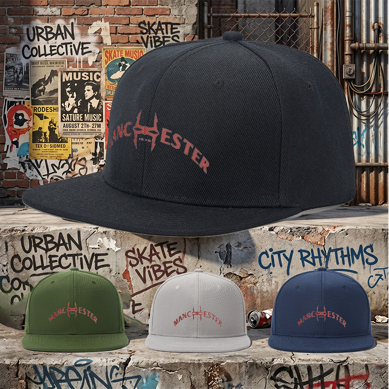 Flat Brim Baseball Cap Manchester 1978 Devil Logo Streetwear Underground Skate Style for Basketball Court Skate Park Hip Hop Artists and Urban Explorers