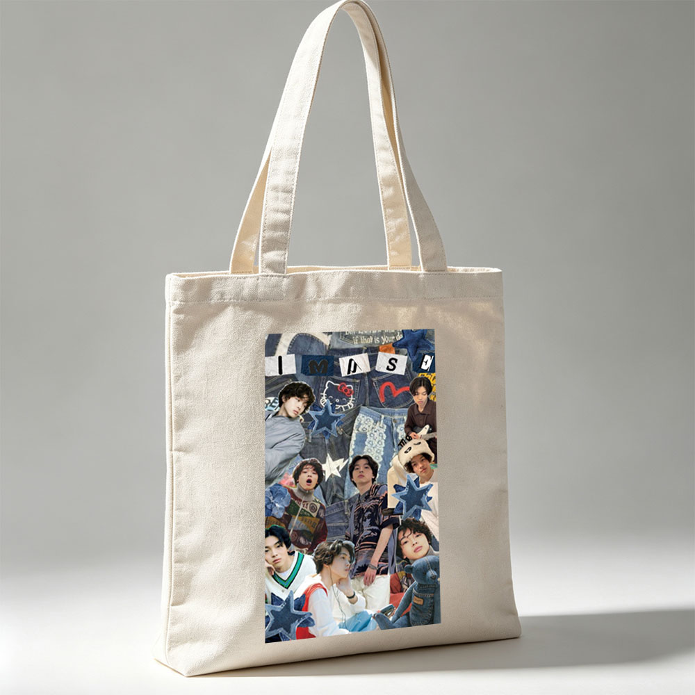 IMASE Members in a Denim-Themed Collage with Stars and Playful Elements - Canvas tote bags