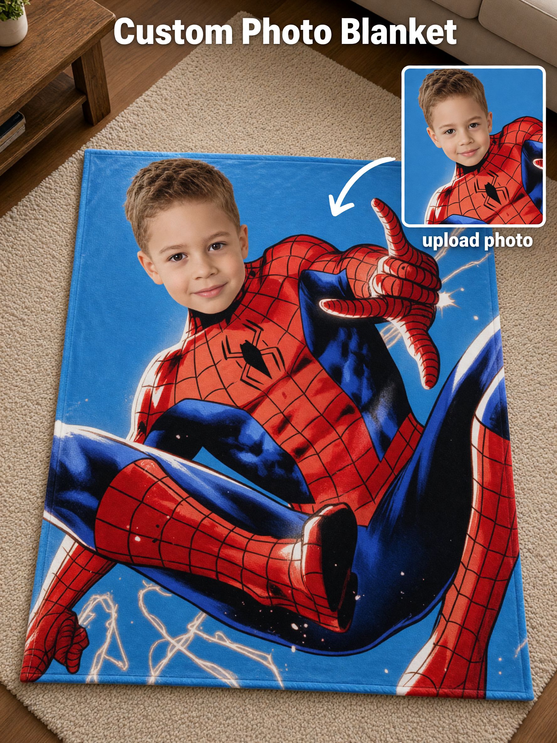 Custom Photo Face Blanket Personalized Superhero Flannel Throw Anti-Pilling Cozy Bedding Ideal Gift for Kids
