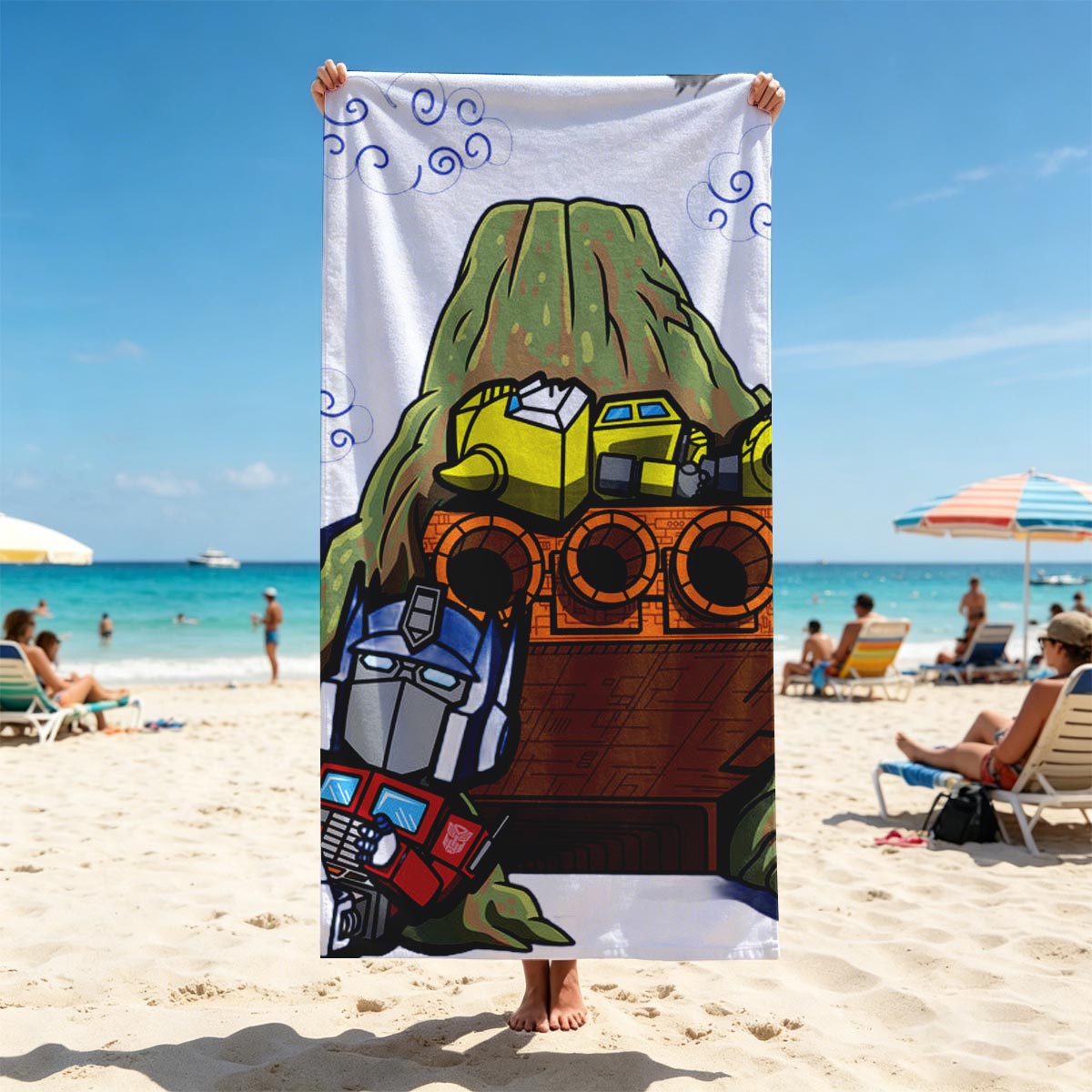 Optimus Prime and Bumblebee atop a mountain with a spaceship, cartoon style - Beach towels