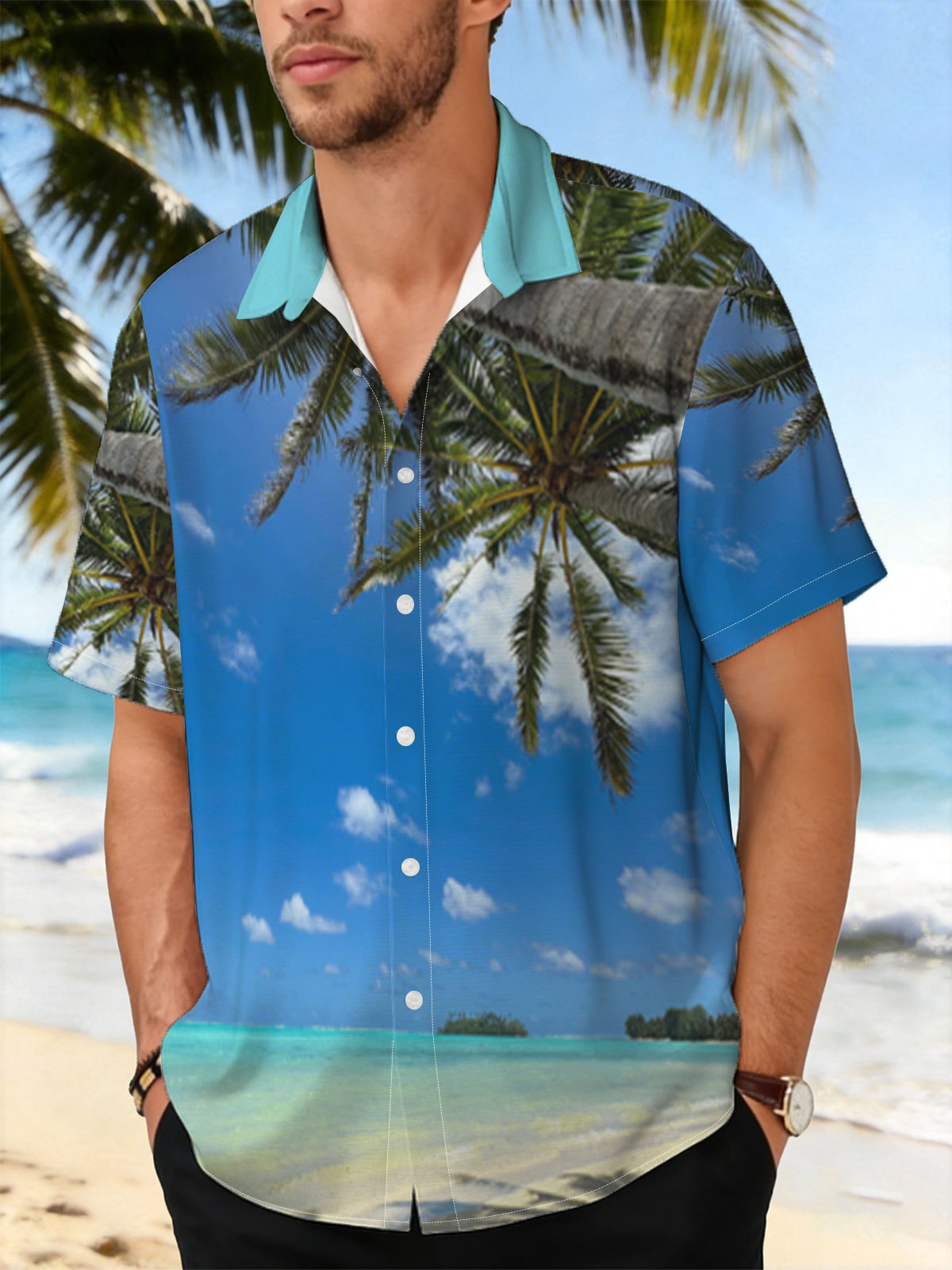 Tropical beach with palm trees and clear blue water -  Shirt