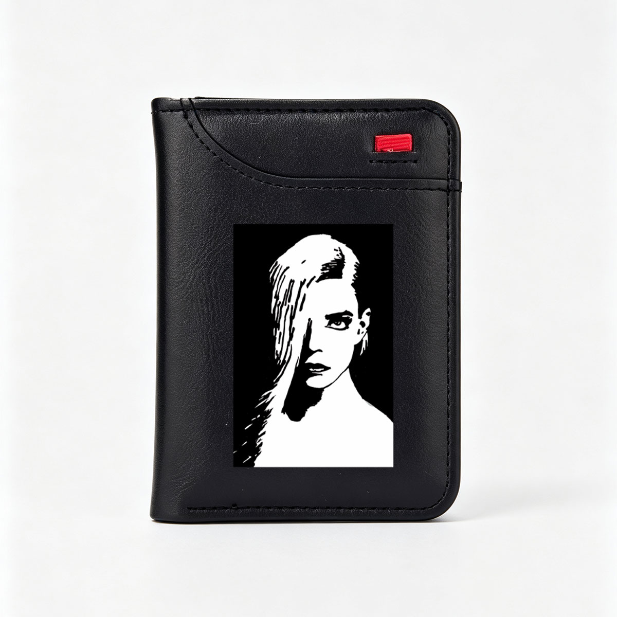 Stylized Black and White Portrait of a Woman with Long Hair - Vertical Style Wallet