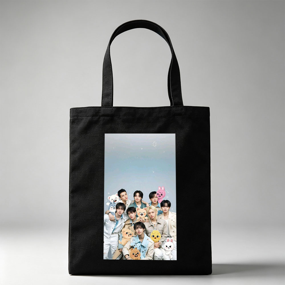 Stray Kids Group Photo with Cute Animal Plushies in a Starry Sky Background - Canvas tote bags