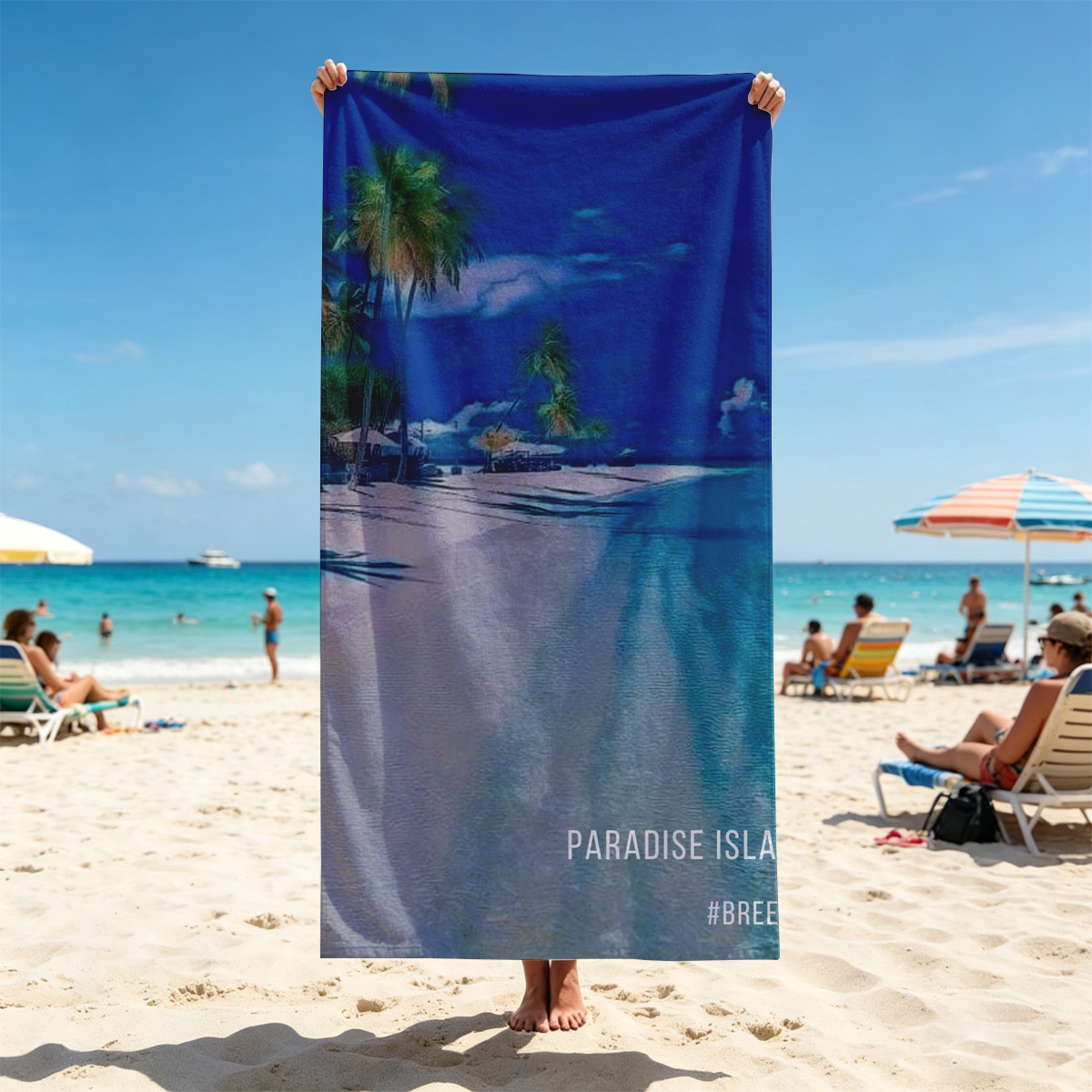 Serene beach with palm trees and turquoise waters under a clear blue sky. - Beach towels