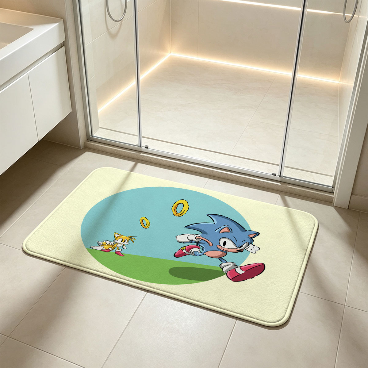 Sonic the Hedgehog and Tails Running with Golden Rings - Flannel floor mat